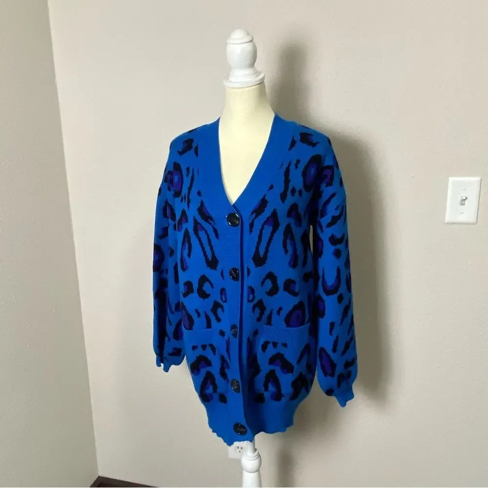 Sugar Lips Blue Animal Print Oversized Long Knit Cardigan Women's Size Medium